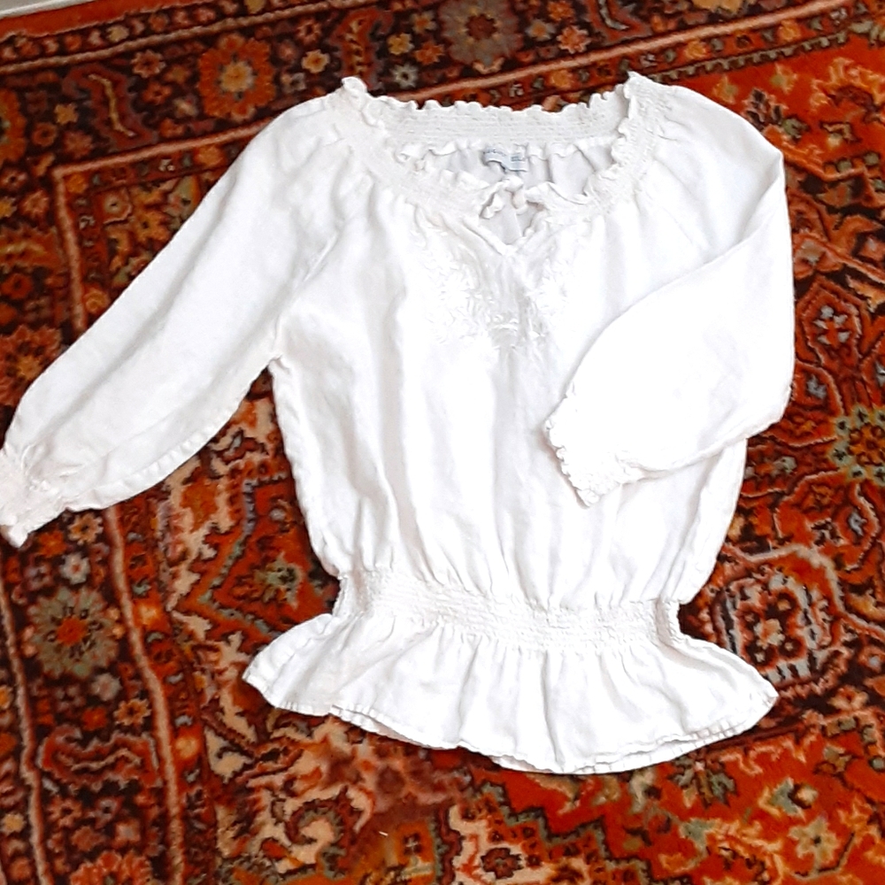 By August Silk, Linen Peasant Blouse. P Med.